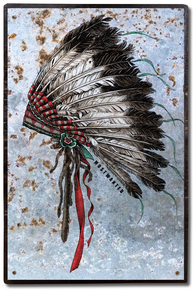 Headdress, Native American War Pen & Ink Drawing, Artwork Transfer on Rusty Metal, Old