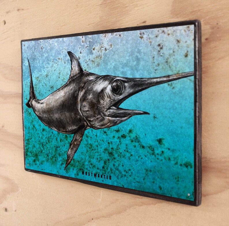 Swordfish Charcoal Drawing Artwork Transfer on Metal Old Etsy