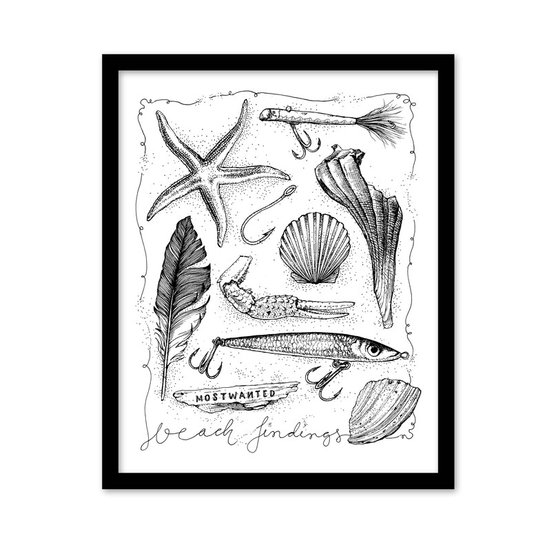 sea shells pen /& ink drawing Beach Findings luers starfish Framed poster feather fishing hook Flotsam