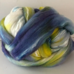 Wool Roving, Merino w/ Silk, Hand Dyed, Blue, Purple, Yellow, Wet Felting, Nuno Felting