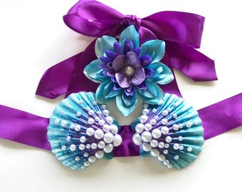 Baby Clamkini - Seashells & Ribbons - Baby Mermaid Costume - Infant to Toddler size for Mermaid Photoshoot, Mermaid Party, Mermaid Birthday