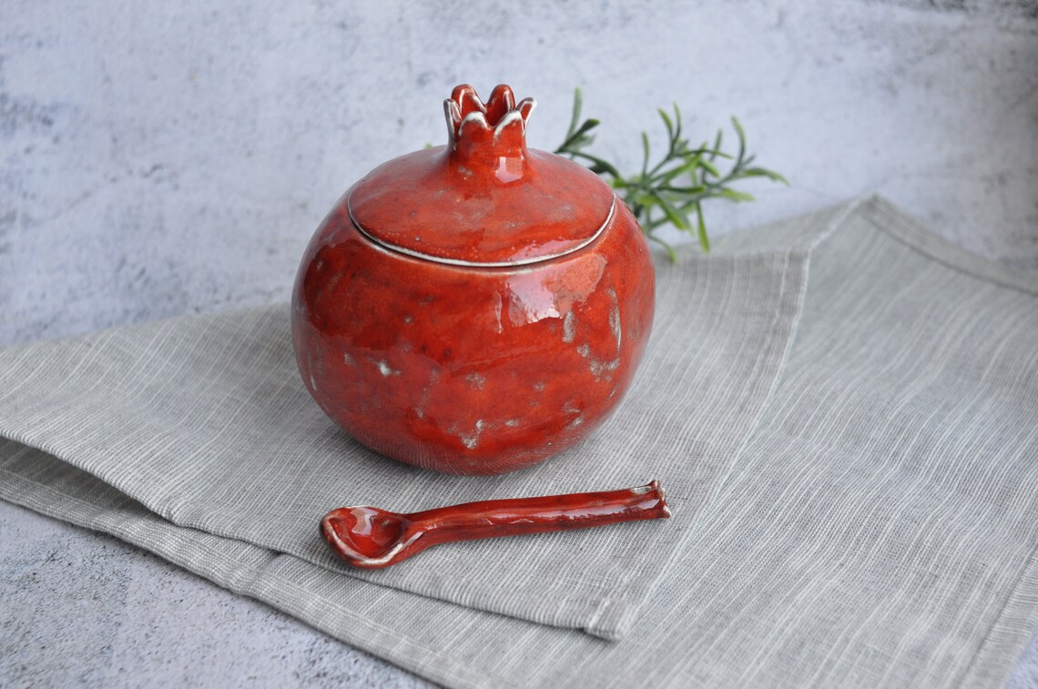 Sugar bowl with lid & spoon red pomegranate ceramic handmade Etsy