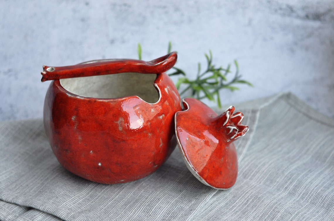 Sugar bowl with lid & spoon red pomegranate ceramic handmade Etsy