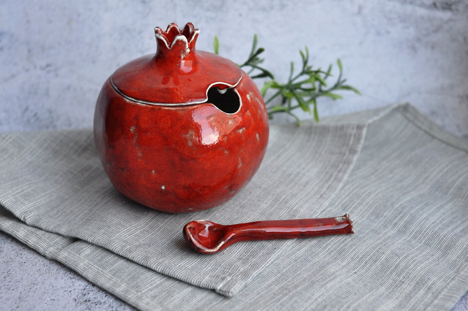 Sugar bowl with lid & spoon red pomegranate ceramic handmade Etsy