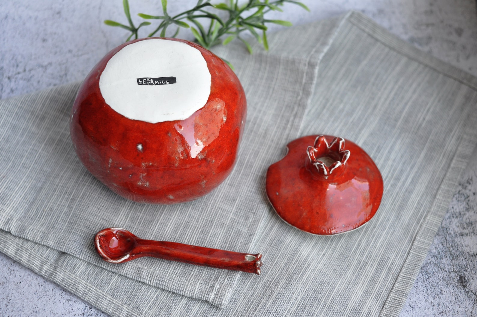 Sugar bowl with lid & spoon red pomegranate ceramic handmade Etsy