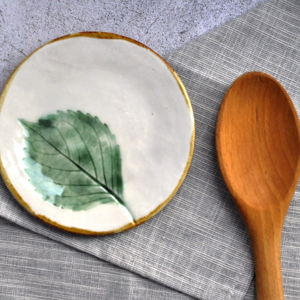 Spoon rest for kitchen ceramic, pottery utensil rest, large botanical soap dish, porcelain jewelry tray leaf print, spatula holder neutral.