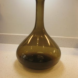 Può includere: Un decanter in vetro marrone oliva traslucido caratterizzato da una base ampia e arrotondata che si restringe in un collo lungo e sottile, sormontato da un bordo piatto e circolare. Il vetro presenta una superficie liscia e riflettente.