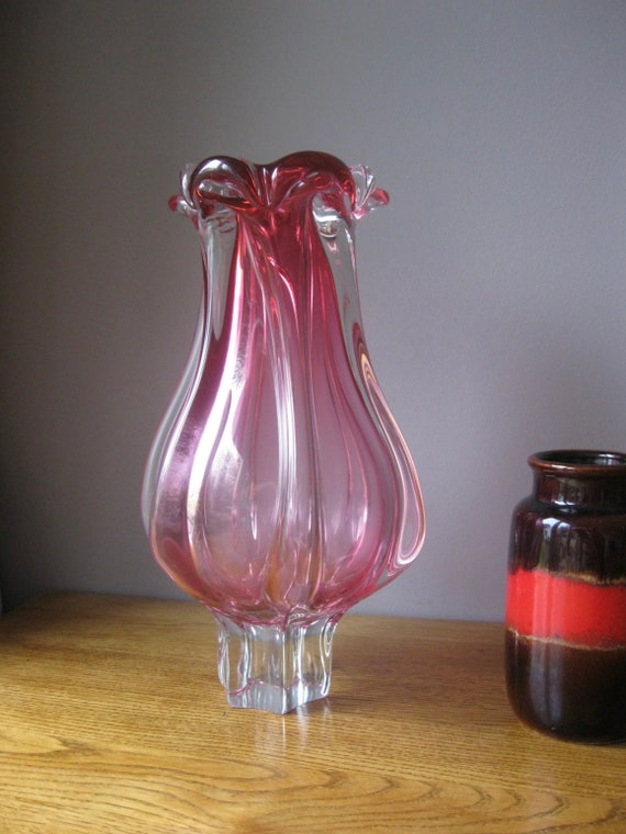 Vintage Bohemian Czech Art Glass Vase Pink Lobed Fluted Rim Chribska Hospodka Style 1960s Statement Piece 11.75 Inch