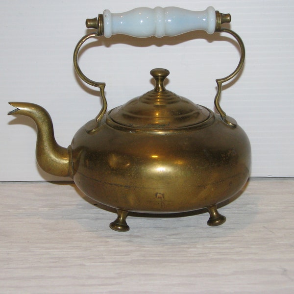 Antique Victorian Brass Kettle Teapot Hot Toddy on Bun Feet Milk Glass Handle C. 1900