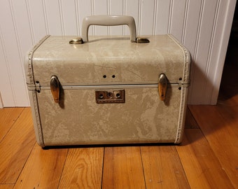 Vintage Samsonite Train Case, Cream Marble Small Suitcase, Samsonite Luggage, White Cosmetic Case, Makeup Case, Samsonite Streamline