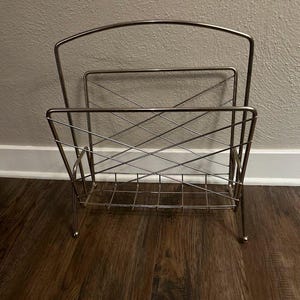 Vintage Midcentury Modern magazine rack, record LP Rack, Newspaper Rack, Antique Gold Metal MCM Album Rack, Art Deco, metal rack, movie prop