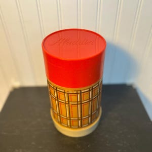 late 70&#39;s Vintage Brown Plaid Aladdin Best Buy thermos bottle with red lid, vintage Aladdin thermos, plaid thermos, retro thermos