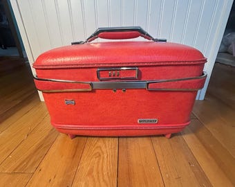 Rare Poppy Red American Tourister Train Case, Side Latch, Vintage Makeup Luggage
