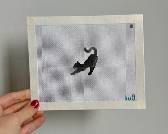Stretching Black Cat Mini Needlepoint Canvas