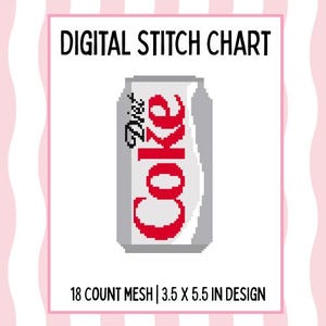 Op de afbeelding: Digitaal kruissteekpatroon met een gepixeld Diet Coke-blikje. Het blikje is grijs met rode tekst die "Coke" en "Diet" luidt. Het ontwerp is 8,89 x 13,97 cm en heeft 18 count mesh.