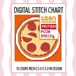 May include: Digital stitch chart featuring a pixelated pizza design. The pizza has pepperoni toppings and is set against an orange background. The chart includes the text "Lean + Cuisine Protein Pizza" and measures 5.0 x 5.0 inches.