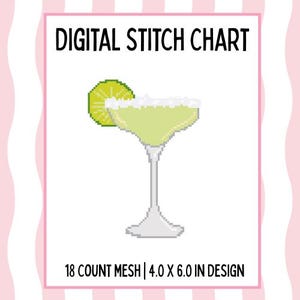 May include: Digital stitch chart featuring a pixelated margarita cocktail with a lime wedge. The design is 4.0 x 6.0 inches and suitable for 18 count mesh. The text "DIGITAL STITCH CHART" is at the top.