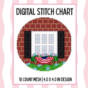 May include: Digital stitch chart featuring a pixelated design of a window with shutters, surrounded by a brick wall. The window has a patriotic floral arrangement. The design is 4.0 x 4.0 inches.