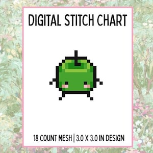 May include: Digital stitch chart with a pixelated green apple design. The text "DIGITAL STITCH CHART" is at the top. The design is 3.0 x 3.0 inches and uses 18 count mesh.