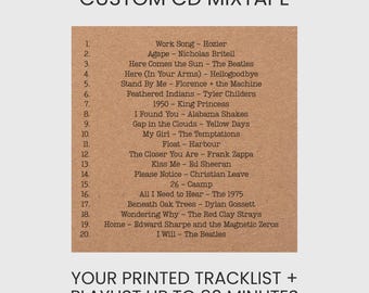 May include: A custom CD mixtape featuring a brown paper insert with a printed tracklist of 20 songs, including titles by Hozier, The Beatles, and Florence + The Machine. The text reads CUSTOM CD MIXTAPE and YOUR PRINTED TRACKLIST + PLAYLIST UP TO 80 MINUTES.