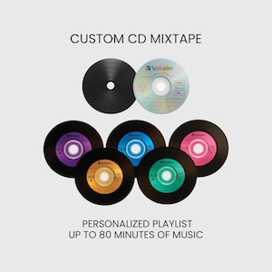 May include: A collection of seven circular CD-R discs arranged in a cluster. One disc is silver, while the others feature black outer rings with colorful centers in purple, blue, pink, orange, and green. Text reads CUSTOM CD MIXTAPE and PERSONALIZED PLAYLIST UP TO 80 MINUTES OF MUSIC.