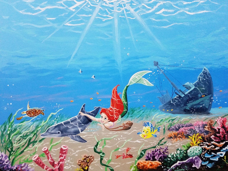 Disney Original Oil Painting The Little Mermaid Ariel Art Large Ocean Decor Palette Knife Textured Wall Art Dolphin Seascape