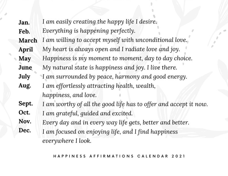 Happiness Affirmation Calendar 2021 Monthly Calendar Set Etsy