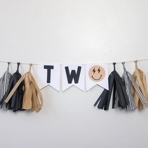 Two Rad High Chair Banner - One Cool Dude - Two Cool - First Birthday - Baby Boy - Tan + Black - Happy Dude - Smiley Face High Chair Banner