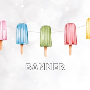 Peut inclure: Une bannière aquarelle avec cinq illustrations de glaces colorées. Les glaces sont dans des tons de rose, bleu, vert, rouge et jaune, chacune avec un bâton en bois. Le mot "BANNER" est écrit en lettres noires en dessous.