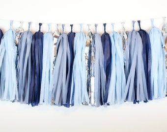 Blue Silver Tassel Garland - Two the Moon - Over the Moon Party - Oh Baby - Galaxy - Shark - Boy - Whale Baby Shower - Banner - Balloon Tail