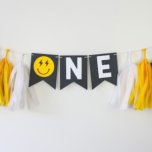 One Happy Dude High Chair Banner - One Smiley - One Cool Dude - Two Cool - First Birthday - Baby Boy - Groovy - Happy Dude