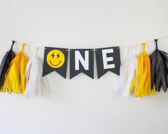 One Happy Dude High Chair Banner - One Smiley - One Cool Dude - Two Cool - First Birthday - Baby Boy - Groovy - Happy Dude