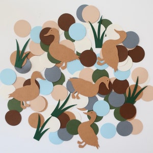 May include: A collection of brown paper duck cutouts with green paper grass cutouts and various colored paper circles in shades of brown, blue, beige, and white.