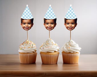 Customized Face Cupcake Gingham Topper - Funny Face Topper with Party Hat - Personalized Birthday Cupcake Decoration - First Birthday - 2nd