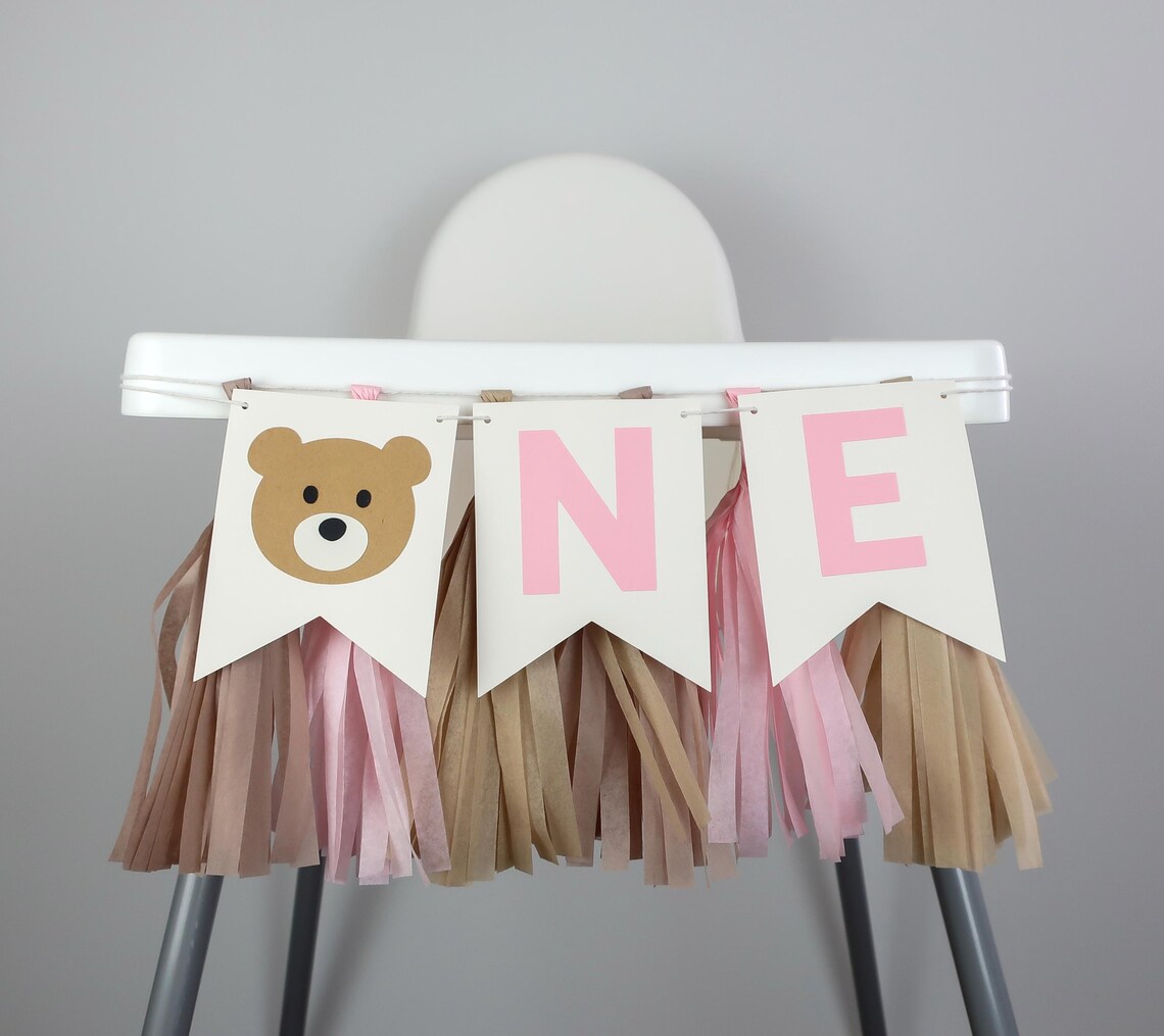 Teddy Bear PINK High Chair Banner - Beary 1st Birthday Decor - Tan ...