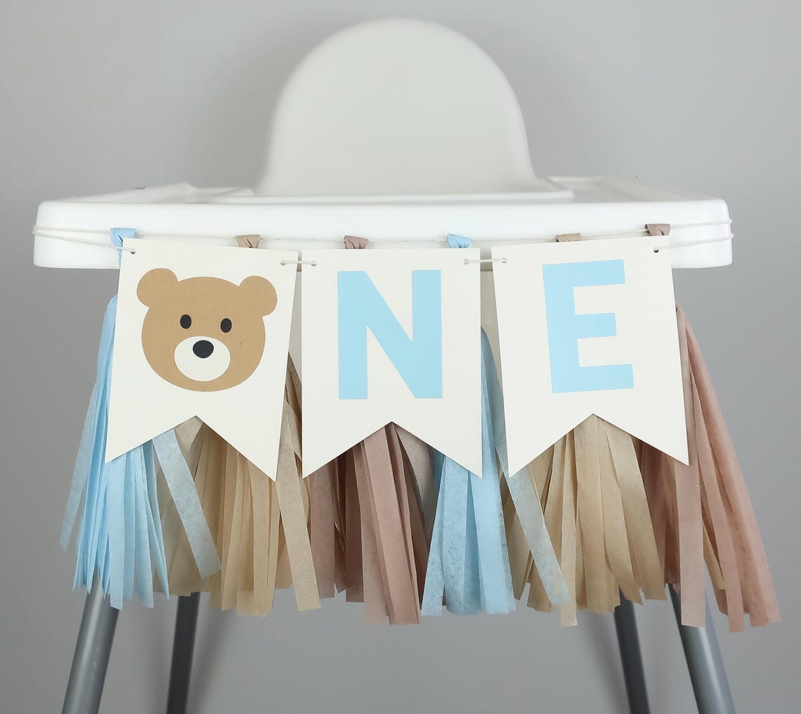 Teddy Bear BLUE High Chair Banner - Beary 1st Birthday Decor - Tan ...