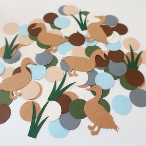 May include: Brown paper duck cutouts with green grass and brown, beige, gray, and blue paper circles.