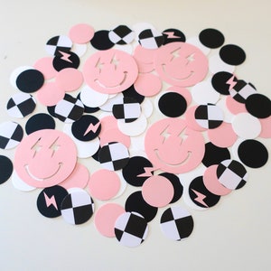 Pink Rad Checkered Confetti - Two Rad - Two Cool - One Cool Girl - One Happy Babe - Pink + Black - Rad Baby - Birthday Party Decorations