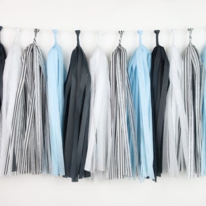 Blue two cool Tissue Paper Tassel Garland - two rad - one cool dude - happy dude - one rad dude - blue and black - smiley - birthday party