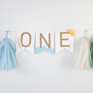 Muted Surf High Chair Banner - Retro Surf’s Up Twobular Surfer - One in the Sun Boho Beach Bash - The Big One Birthday - First Wave Party