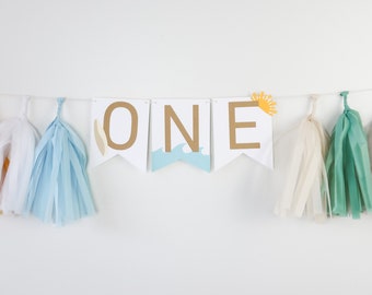 Muted Surf High Chair Banner - Retro Surf’s Up Twobular Surfer - One in the Sun Boho Beach Bash - The Big One Birthday - First Wave Party