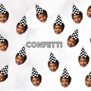 May include: A collection of 16 black and white checkered party hats with faces of children wearing them. The text "CONFETTI" is printed in black letters on a white background.