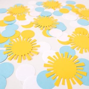 Sunshine Boy Confetti - Little Sunshine Baby Shower - Summer Birthday Boy- First Trip Around the Sun Birthday - Blue Yellow White Sun Table