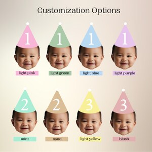 Peut inclure: Options de personnalisation pour un chapeau d'anniversaire avec diff&eacute;rentes couleurs et num&eacute;ros. Les couleurs comprennent le rose clair, le vert clair, le bleu clair, le violet clair, la menthe, le sable, le jaune clair et le blush. Les num&eacute;ros comprennent 1, 2 et 3.