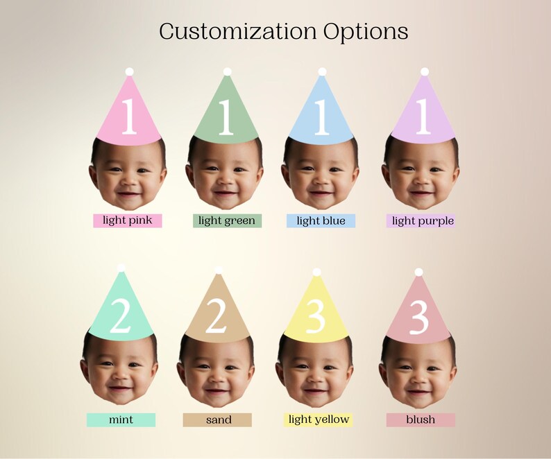 Peut inclure: Options de personnalisation pour un chapeau d'anniversaire avec diff&eacute;rentes couleurs et num&eacute;ros. Les couleurs comprennent le rose clair, le vert clair, le bleu clair, le violet clair, la menthe, le sable, le jaune clair et le blush. Les num&eacute;ros comprennent 1, 2 et 3.