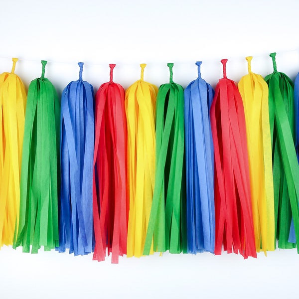 Primary Colors & Green Tassel Garland – Red Blue Green Yellow Art Party Decor – Twoodles - Building Blocks Bricks - Crayon Birthday Backdrop