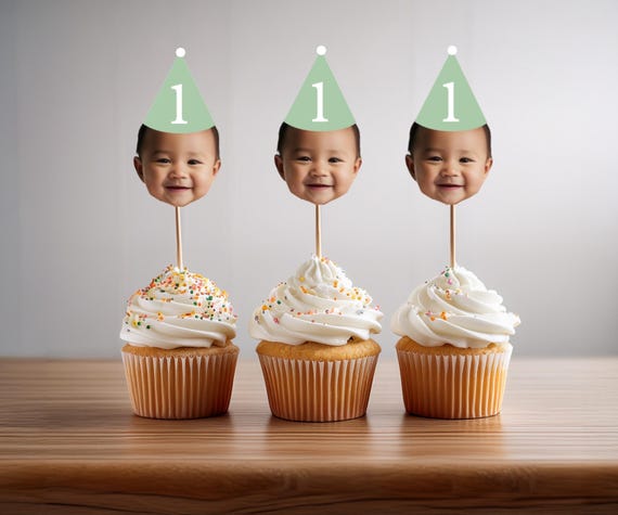 Customized Face Cupcake Topper - Funny Face Topper with Party Hat - Personalized Birthday Cupcake Decoration - First Birthday - 2nd - 3rd