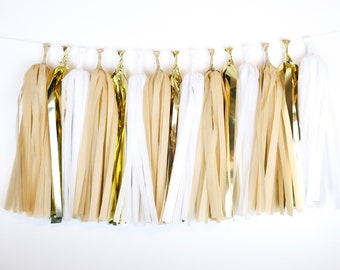 Gold Champagne Tassel Garland - Bridal Shower - Bachelorette- Neutral Tan White - Wedding - Baby Shower - Party - High Chair Banner