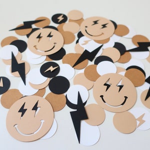 Two Rad Confetti - Two Cool - One Cool Dude - One Happy Dude - Tan + Black - Smiley Face - Bad Two the Bone - Birthday Party Decorations