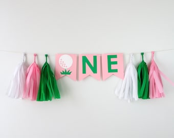 Golf Girl Pink High Chair Banner - Pink Hole in One Birthday Girl - First Par-Tee Decor - 1st Birthday Golf Party for Girls - Golf Theme